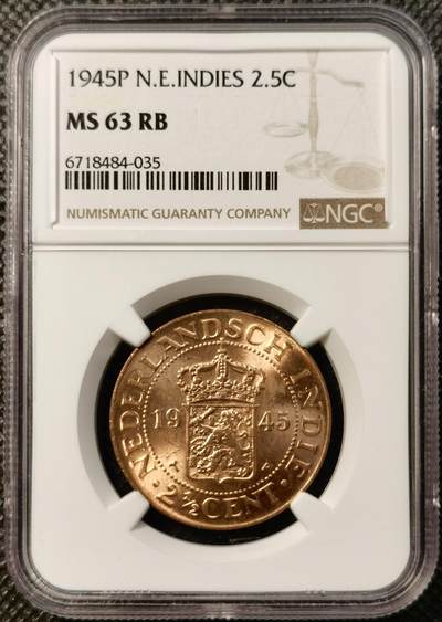 甄臻铺-世界币章拍卖（第39期）送拍享返佣金等优惠多多 - NGC-MS63RB 荷兰东印度 2.5分铜币 1945P 剑狮 原光品相
