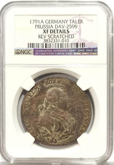 博洋堂世界钱币拍卖第146期（全场包邮） - NGC XF 德国普鲁士1791年腓特烈·威廉大帝野人护盾1泰勒银币，少见年份