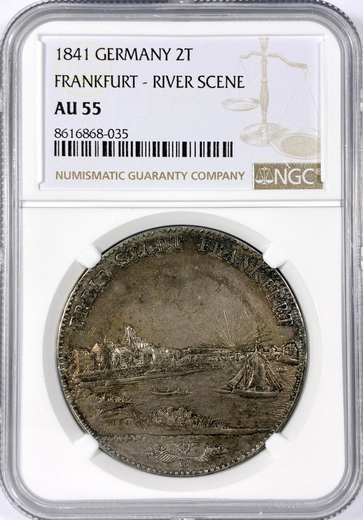 【雨安】【世界币章114期】2025-11-15 周六 19:30 保真 8秒倒数自动落锤 高效拍卖 [评级德国] Germany 德国 德意志 2泰勒 Frankfurt法兰克福 Thun.130 KM#0326 景观泰勒 1841年 NGC-AU55 原味欧洲老包浆