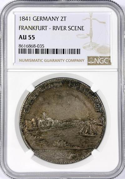 【雨安】【世界币章114期】2025-11-15 周六 19:30 保真 8秒倒数自动落锤 高效拍卖 - [评级德国] Germany 德国 德意志 2泰勒 Frankfurt法兰克福 Thun.130 KM#0326 景观泰勒 1841年 NGC-AU55 原味欧洲老包浆