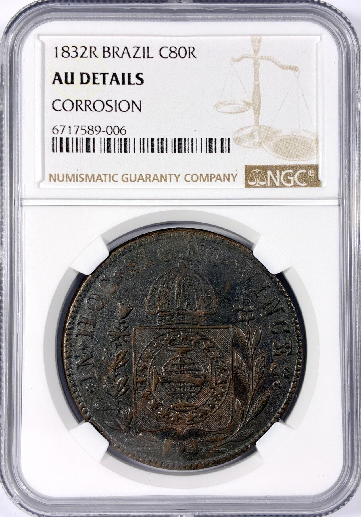 【雨安】【世界币章114期】2025-11-15 周六 19:30 保真 8秒倒数自动落锤 高效拍卖 [评级美洲] Brazil 巴西 80瑞斯 1832年 NGC-AU
