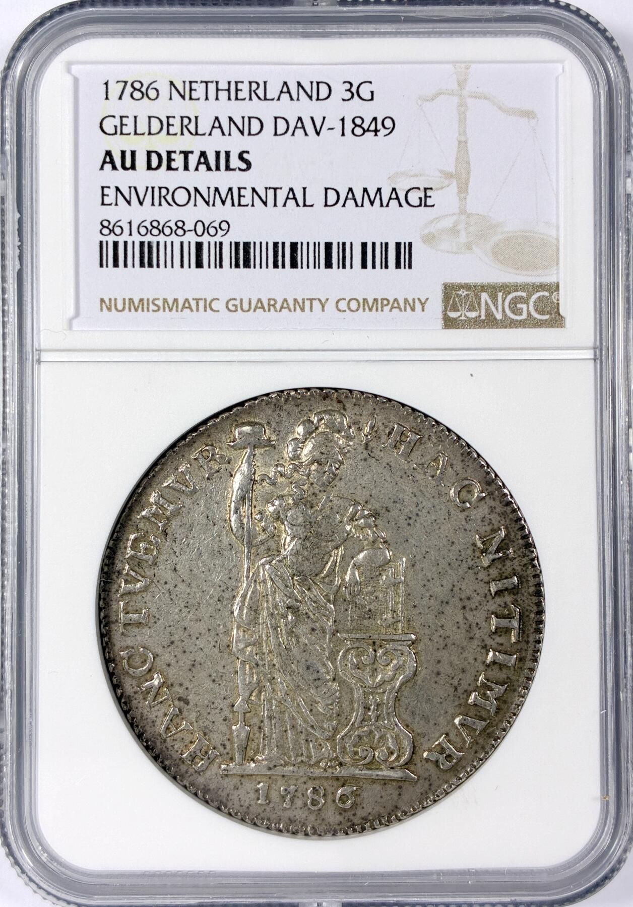 【雨安】【世界币章114期】2025-11-15 周六 19:30 保真 8秒倒数自动落锤 高效拍卖 [评级欧洲] Netherlands 荷兰 共和国 3盾 Gelderland海尔德兰 1786年 NGC-AU