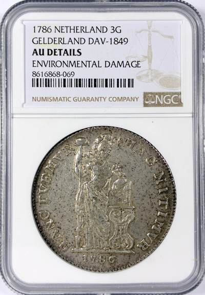 【雨安】【世界币章114期】2025-11-15 周六 19:30 保真 8秒倒数自动落锤 高效拍卖 - [评级欧洲] Netherlands 荷兰 共和国 3盾 Gelderland海尔德兰 1786年 NGC-AU