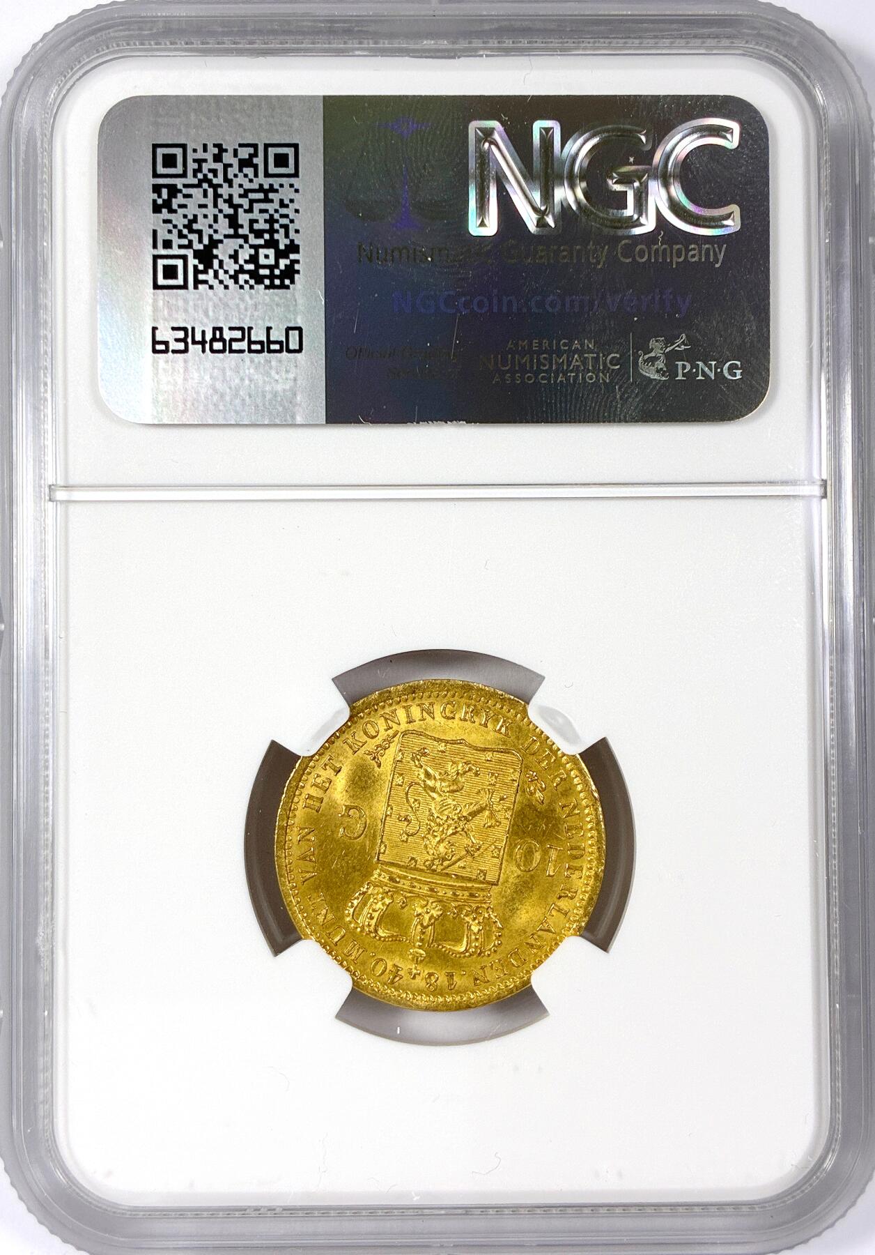 【雨安】【世界币章114期】2025-11-15 周六 19:30 保真 8秒倒数自动落锤 高效拍卖 [金币] Netherlands 荷兰 王国 10盾 1840年 威廉一世 NGC-MS64 难得的高分