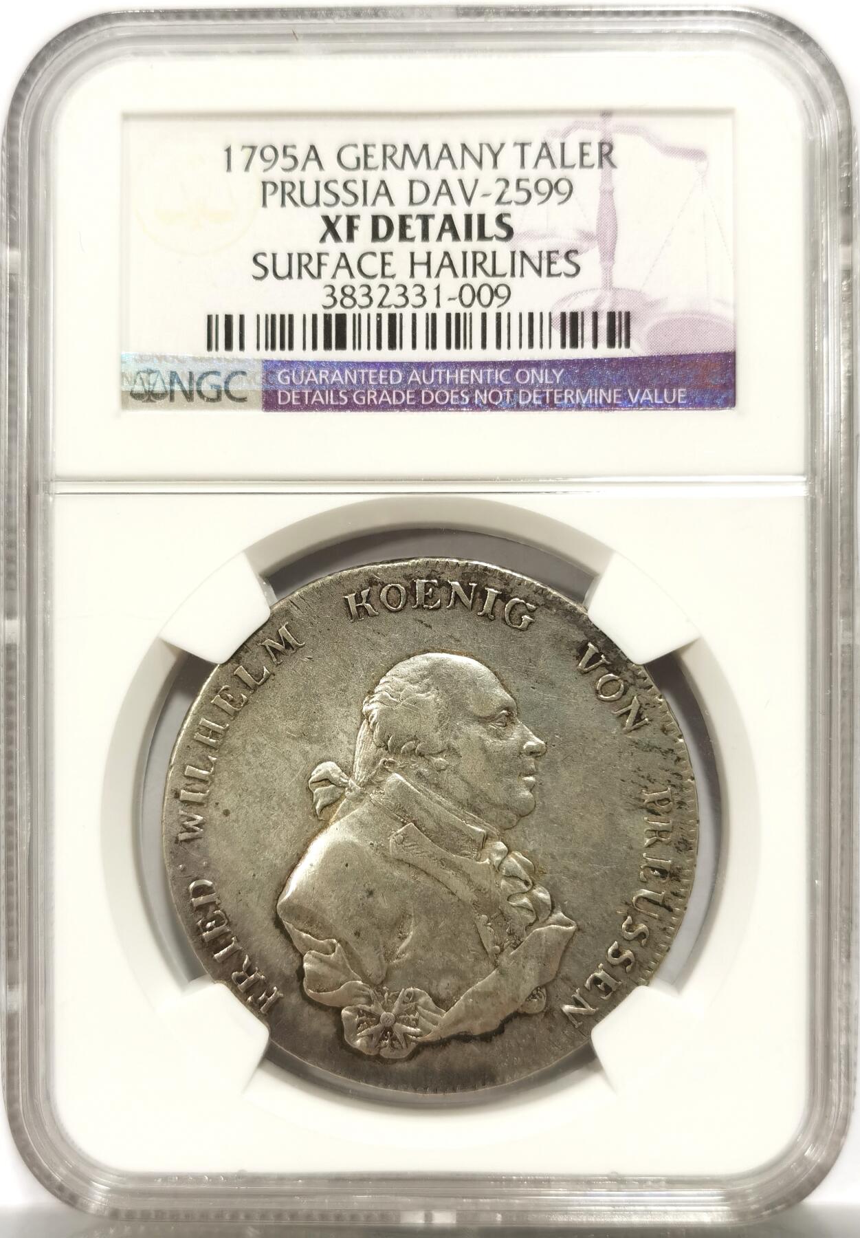 博洋堂世界钱币拍卖第146期（全场包邮） NGC XF 德国普鲁士1795年腓特烈·威廉大帝野人护盾1泰勒银币，老盒严评
