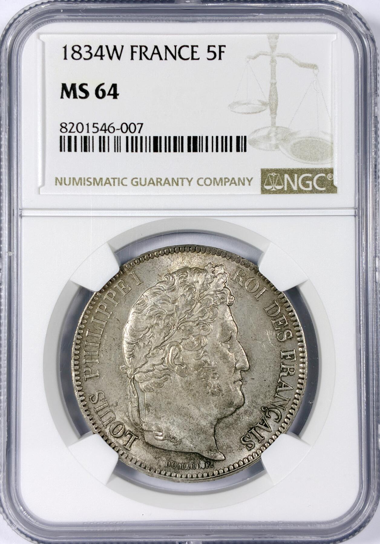 【雨安】【世界币章114期】2025-11-15 周六 19:30 保真 8秒倒数自动落锤 高效拍卖 [评级法国] France 法国 5法郎 KM#0744 菲利普 1834年 NGC-MS64 难得的高分