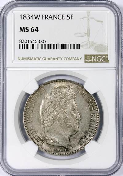 【雨安】【世界币章114期】2025-11-15 周六 19:30 保真 8秒倒数自动落锤 高效拍卖 - [评级法国] France 法国 5法郎 KM#0744 菲利普 1834年 NGC-MS64 难得的高分