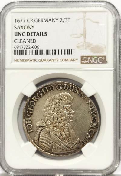 博洋堂世界钱币拍卖第146期（全场包邮） - NGC UNC 德国萨克森1677年2/3泰勒银币，难得一见