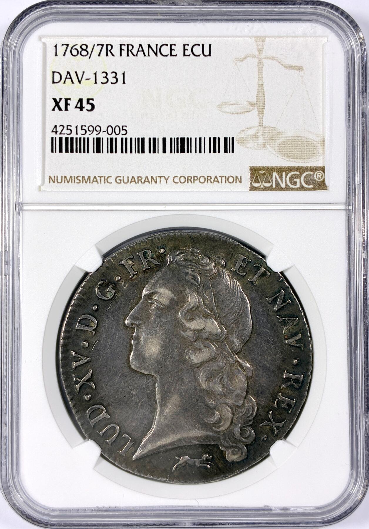 【雨安】【世界币章114期】2025-11-15 周六 19:30 保真 8秒倒数自动落锤 高效拍卖 [评级法国] France 法国 1埃居 KM#0512 (1740-1772) 路易十五 中年版 1768/7年 NGC-XF45 稀少骑年