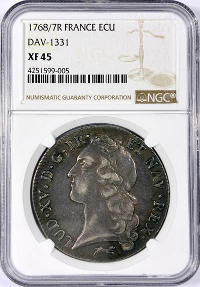 【雨安】【世界币章114期】2025-11-15 周六 19:30 保真 8秒倒数自动落锤 高效拍卖 - [评级法国] France 法国 1埃居 KM#0512 (1740-1772) 路易十五 中年版 1768/7年 NGC-XF45 稀少骑年