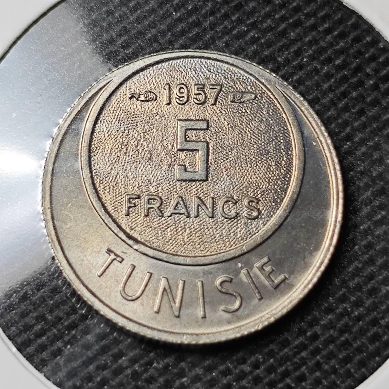 KK钱币收藏小铺  第369场  2月预留时间 周末发货  1957突尼斯5法郎 好品