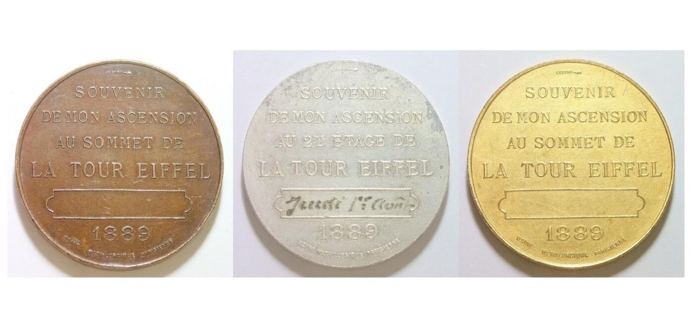 【艺术】3枚套 法国艺术大章1889年 埃菲尔铁塔落成 高浮雕精制大铜章+大镀银章+大镀金章 42MM 并与金字塔、巴黎圣母院、凯旋门等地标建筑高度对比