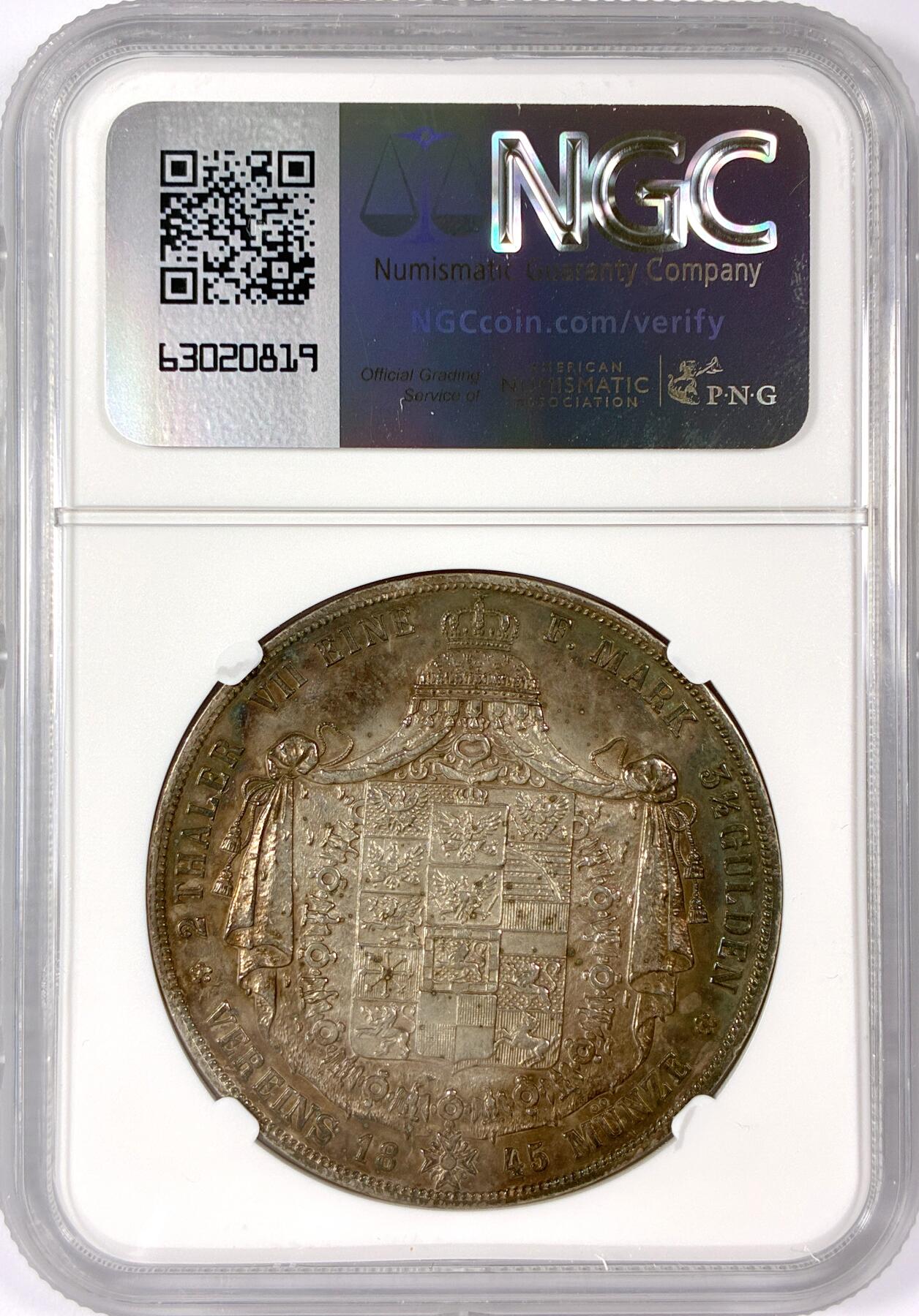 【雨安】【世界币章114期】2025-11-15 周六 19:30 保真 8秒倒数自动落锤 高效拍卖 [评级德国] Germany 德国 德意志 2泰勒 Prussia普鲁士 Thun.253/258 腓特烈·威廉四世 1845年 NGC-AU