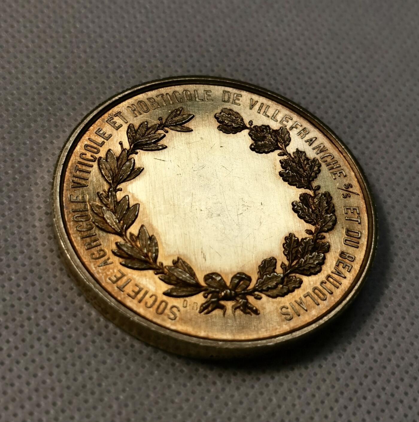 甄臻铺-世界币章拍卖（第39期）送拍享返佣金等优惠多多 法国维勒弗朗什及博若华地区农业大银章，银镀金，丰饶角1级 95%Ag   46mm 3.7mm 49g
