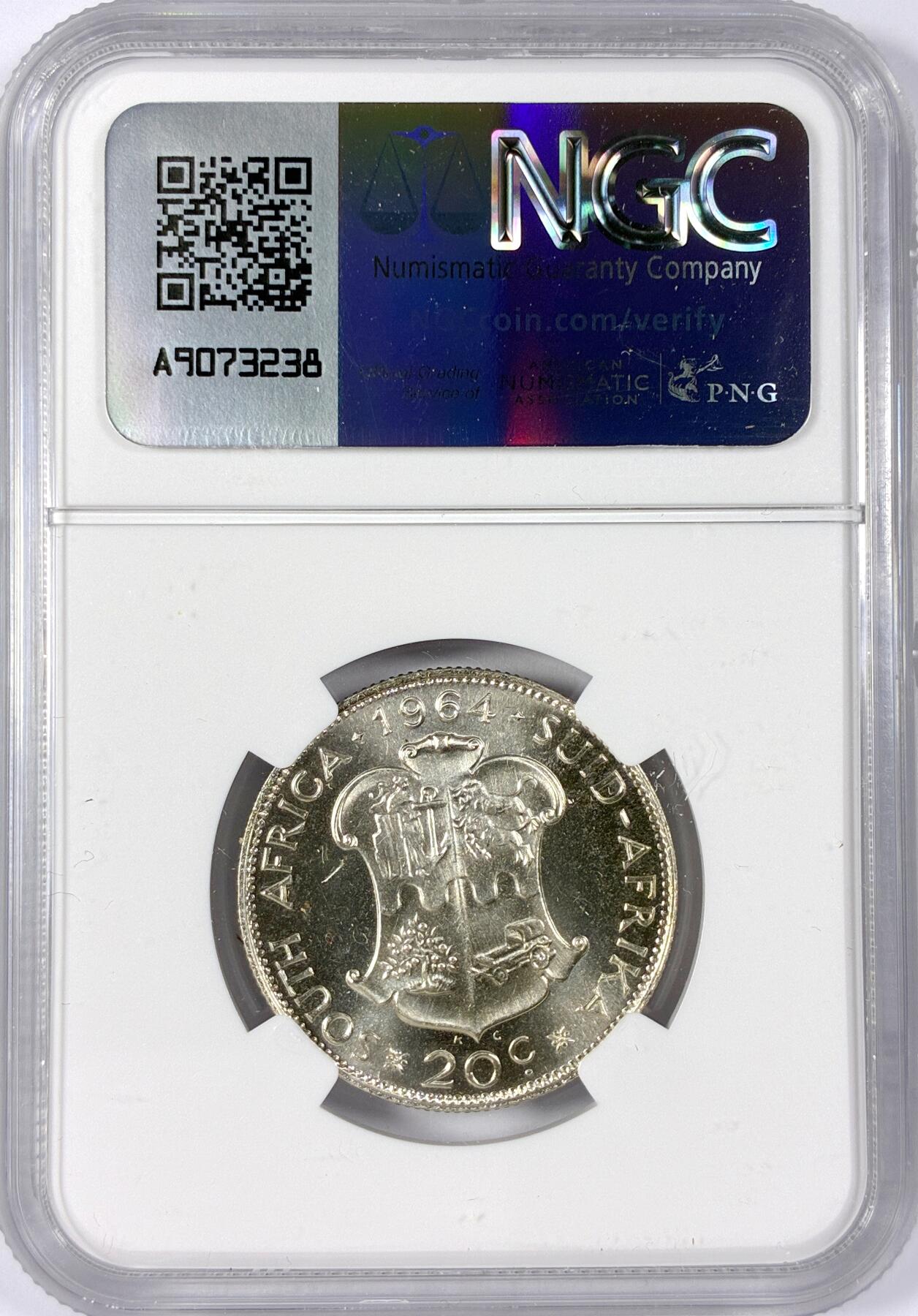 【雨安】【世界币章114期】2025-11-15 周六 19:30 保真 8秒倒数自动落锤 高效拍卖 [评级非洲] South Africa 南非 20分 1964年 精制 NGC-PF66