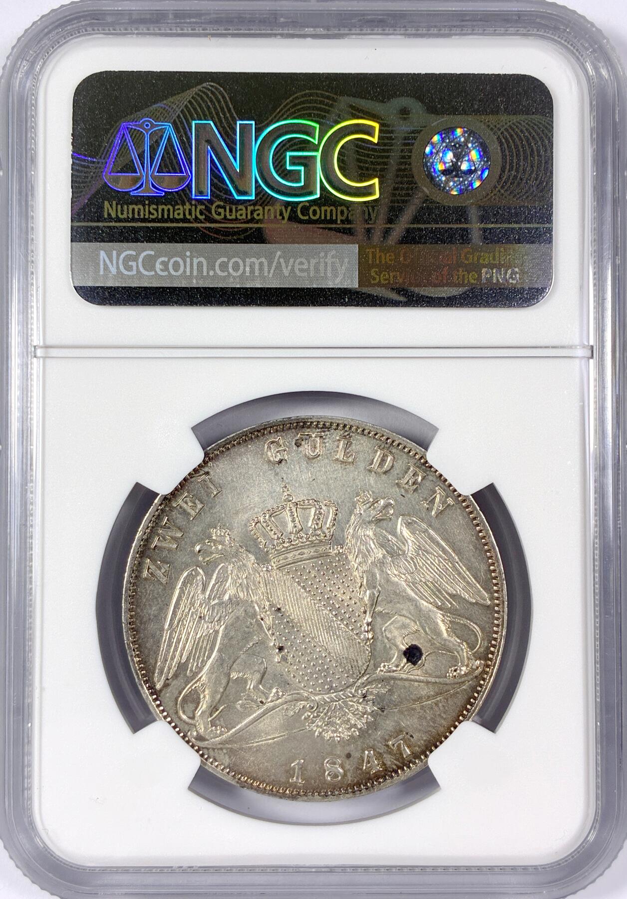 【雨安】【世界币章114期】2025-11-15 周六 19:30 保真 8秒倒数自动落锤 高效拍卖 [评级德国] Germany 德国 德意志 2盾 Baden巴登 Thun.027 KM#0222 (1846-1852) 1847年 NGC-MS62