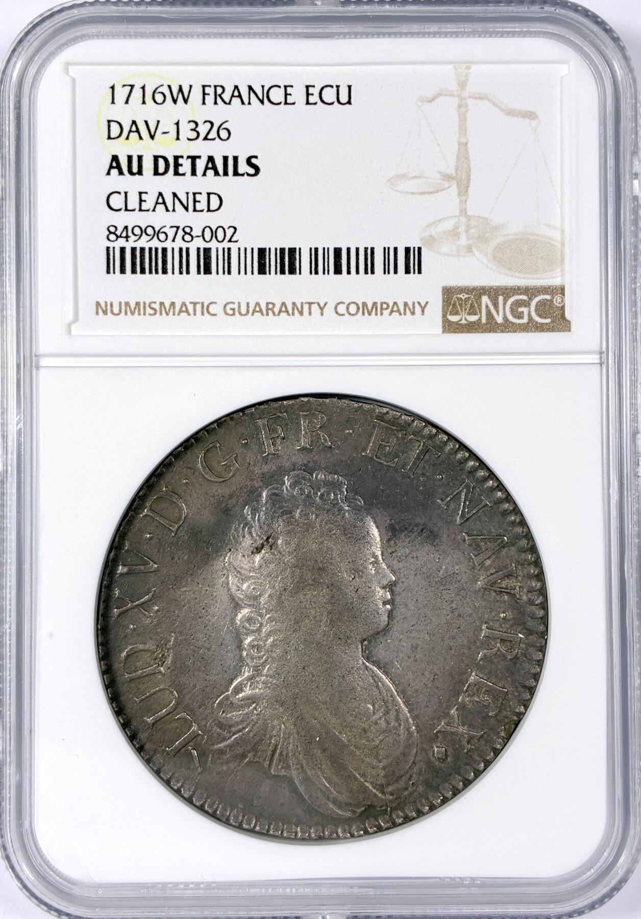 【雨安】【世界币章114期】2025-11-15 周六 19:30 保真 8秒倒数自动落锤 高效拍卖 [评级法国] France 法国 1埃居 KM#0414 (1715-1718) 路易十五 儿童版小头像 1716年 NGC-AU 原味欧洲老包浆