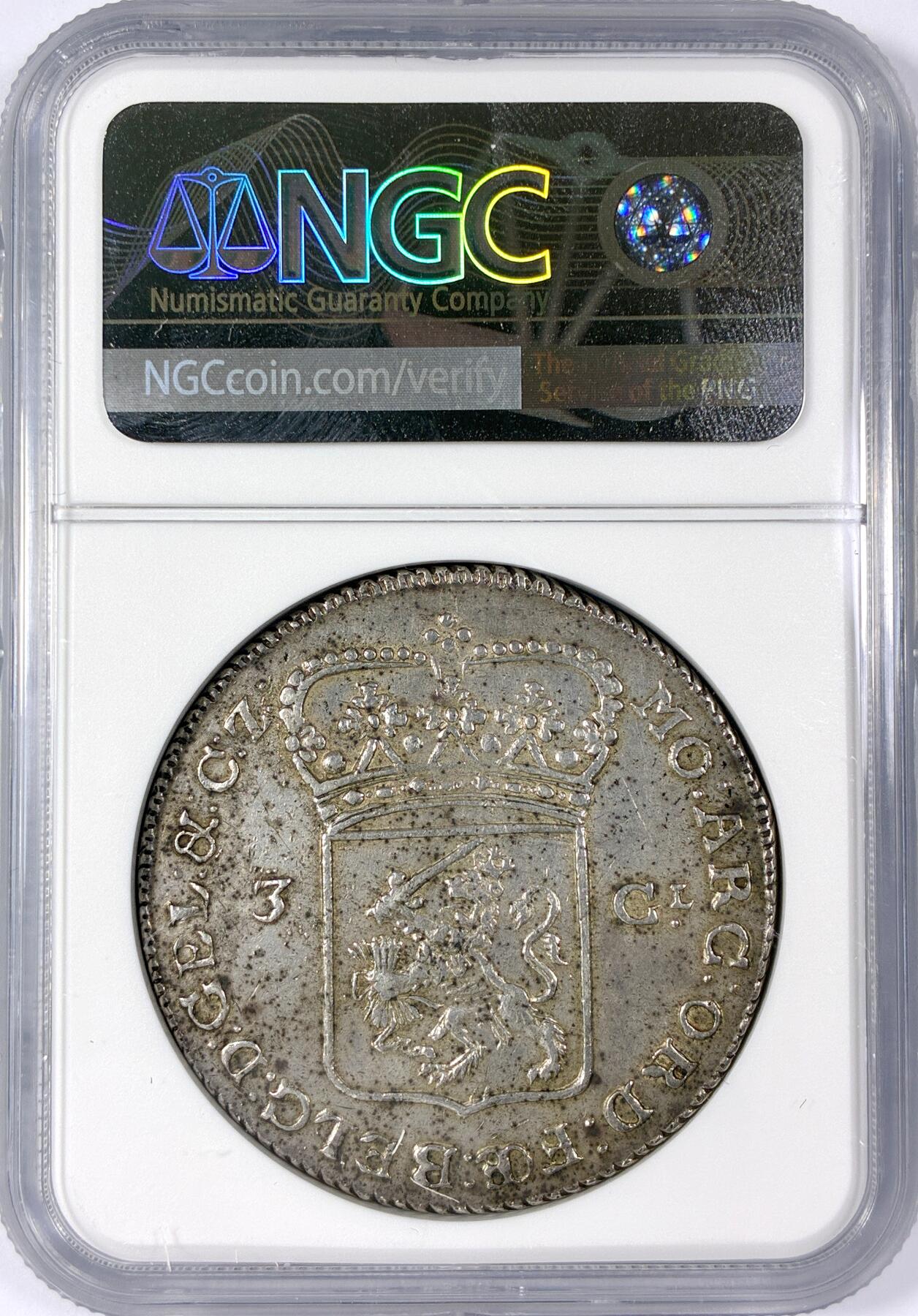 【雨安】【世界币章114期】2025-11-15 周六 19:30 保真 8秒倒数自动落锤 高效拍卖 [评级欧洲] Netherlands 荷兰 共和国 3盾 Gelderland海尔德兰 1786年 NGC-AU