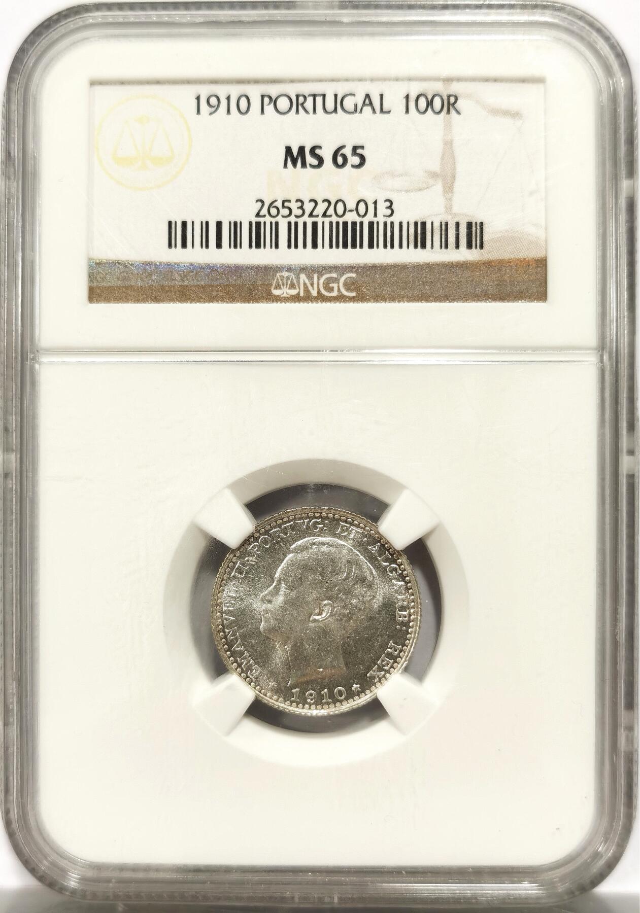博洋堂世界钱币拍卖第146期（全场包邮） NGC MS65 葡萄牙1910年100R银币