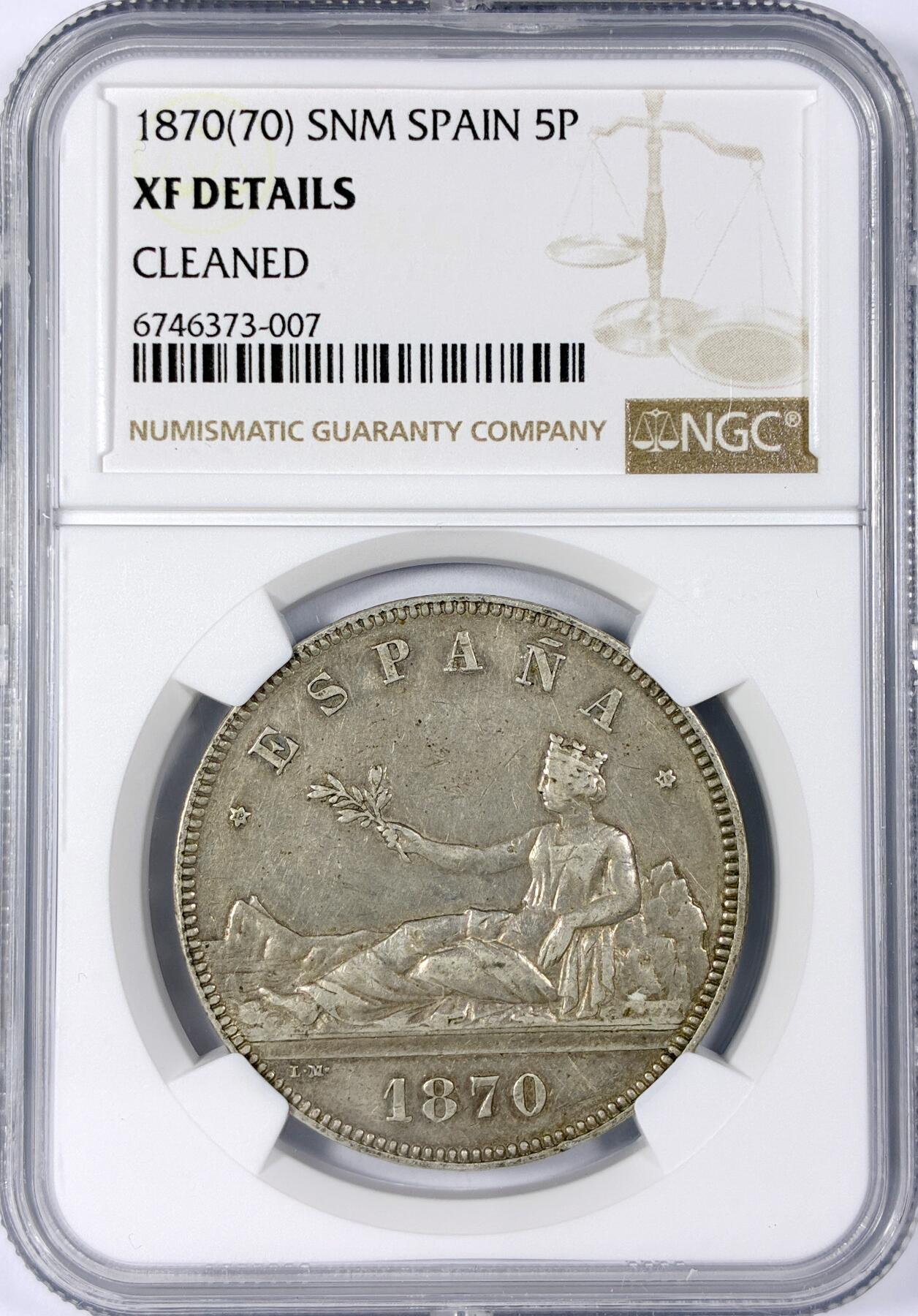 【雨安】【世界币章114期】2025-11-15 周六 19:30 保真 8秒倒数自动落锤 高效拍卖 [评级欧洲] Spain 西班牙 5比塞塔 1870年 拿花 NGC-XF