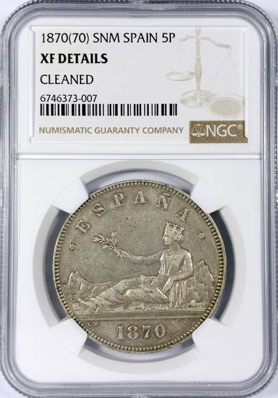 【雨安】【世界币章114期】2025-11-15 周六 19:30 保真 8秒倒数自动落锤 高效拍卖 - [评级欧洲] Spain 西班牙 5比塞塔 1870年 拿花 NGC-XF