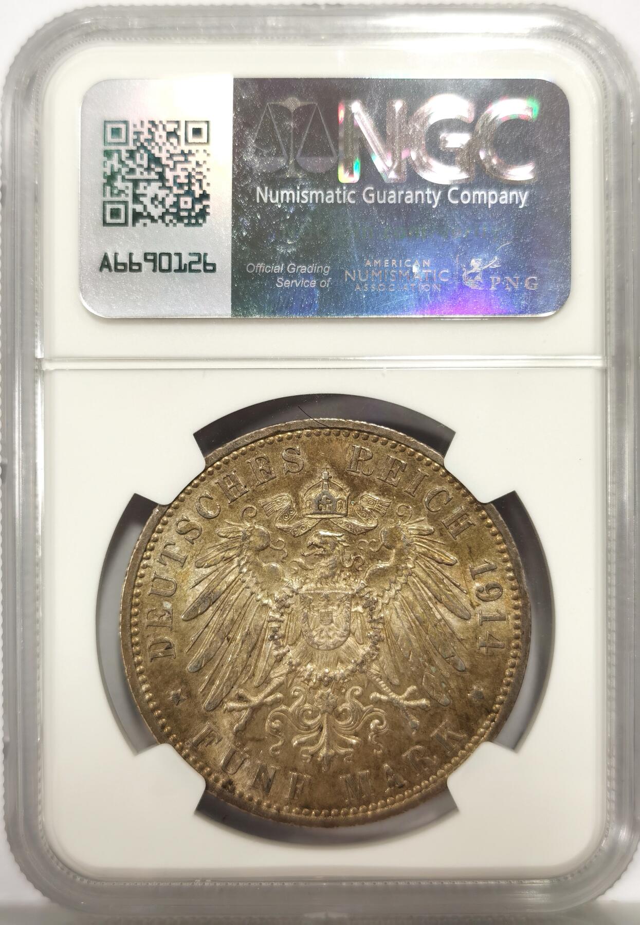 博洋堂世界钱币拍卖第146期（全场包邮） NGC AU58 德国普鲁士王国1914年威廉二世戎装像5马克银币，原汁原味老包浆，包浆醇厚浓郁，味道币味道足，锋利感十足，状态和品质绝对不输MS级。