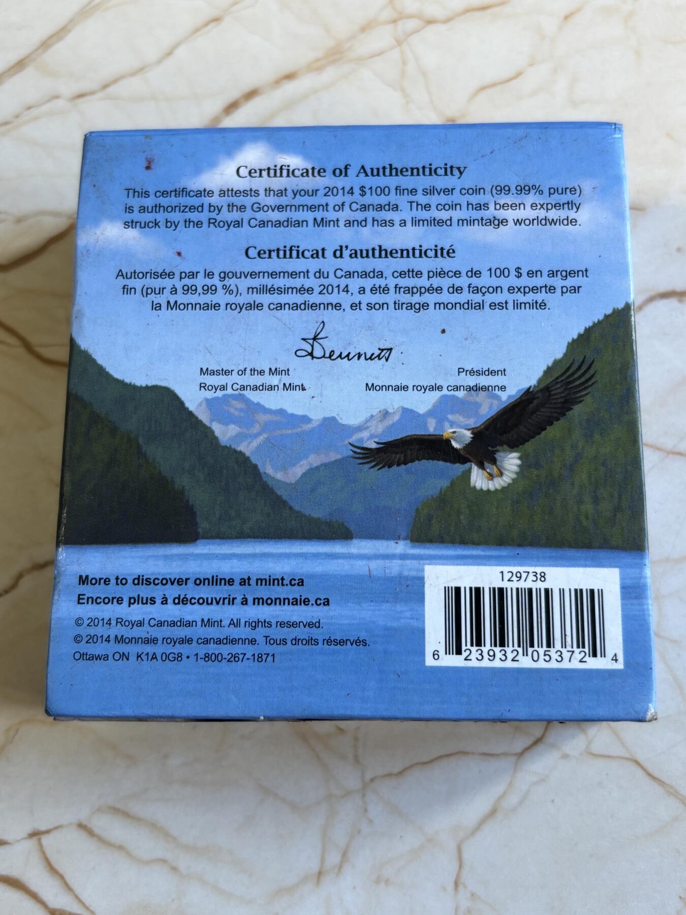 第181期拍卖 加拿大2014年100换100加元系列白头鹰1盎司银币，9999银，发行50000枚