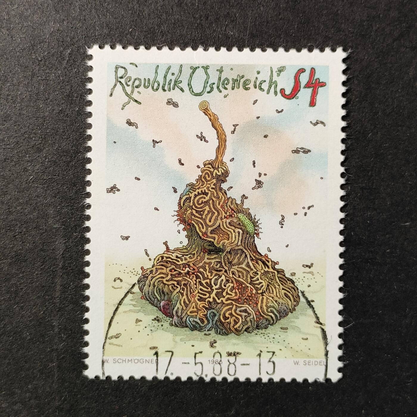 嘉禾收藏    【第377期】            无佣金、可寄存、满30元包邮 奥地利邮票，1986年奥地利现代艺术,瓦尔特·施默格纳的油画作品《溶解》雕刻版1全