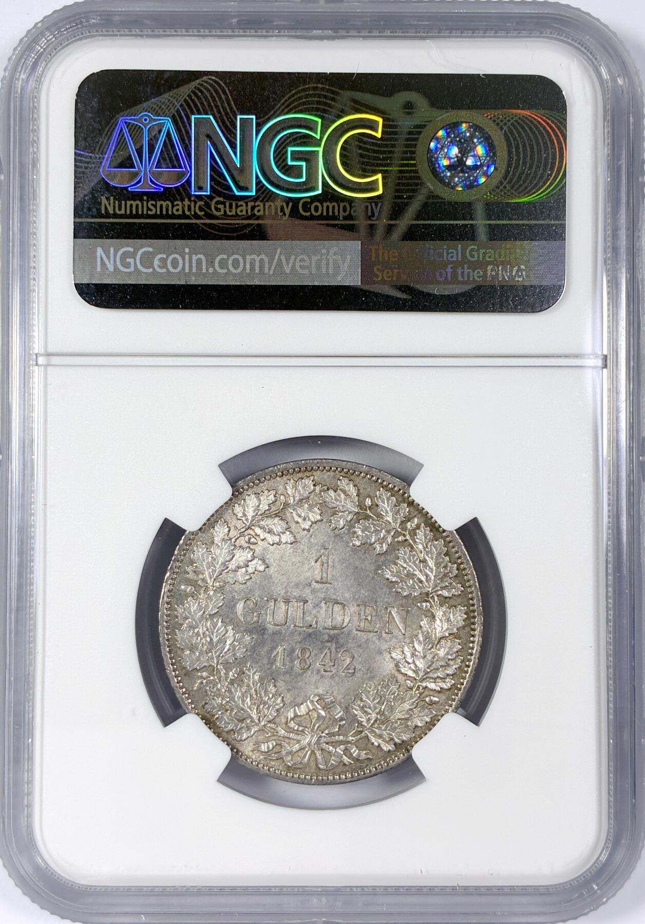 【雨安】【世界币章114期】2025-11-15 周六 19:30 保真 8秒倒数自动落锤 高效拍卖 [评级德国] Germany 德国 德意志 1盾 Frankfurt法兰克福 KM#0331 (1842-1855) 1842年 NGC-MS65 丝绸般粉光