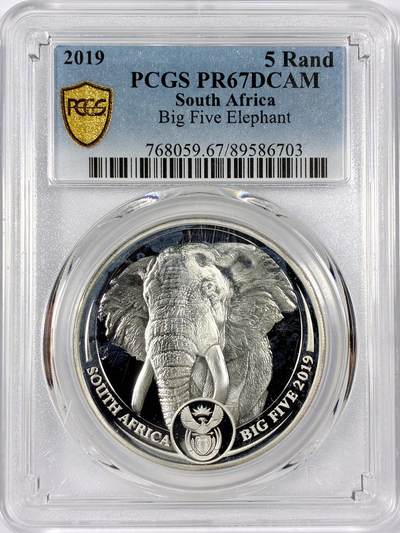 【雨安】【世界币章114期】2025-11-15 周六 19:30 保真 8秒倒数自动落锤 高效拍卖 - [评级现代] South Africa 南非 5兰特 2019年 大象 PCGS-PR67DCAM