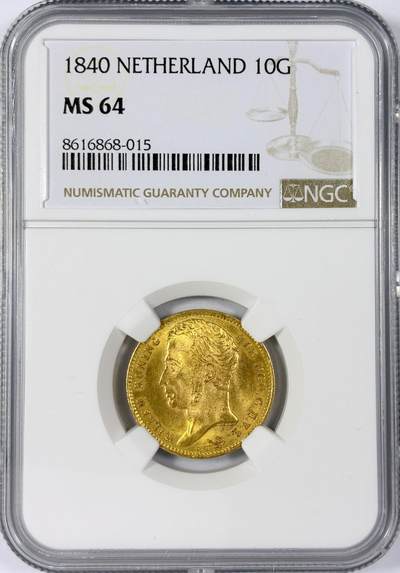【雨安】【世界币章114期】2025-11-15 周六 19:30 保真 8秒倒数自动落锤 高效拍卖 - [金币] Netherlands 荷兰 王国 10盾 1840年 威廉一世 NGC-MS64 难得的高分