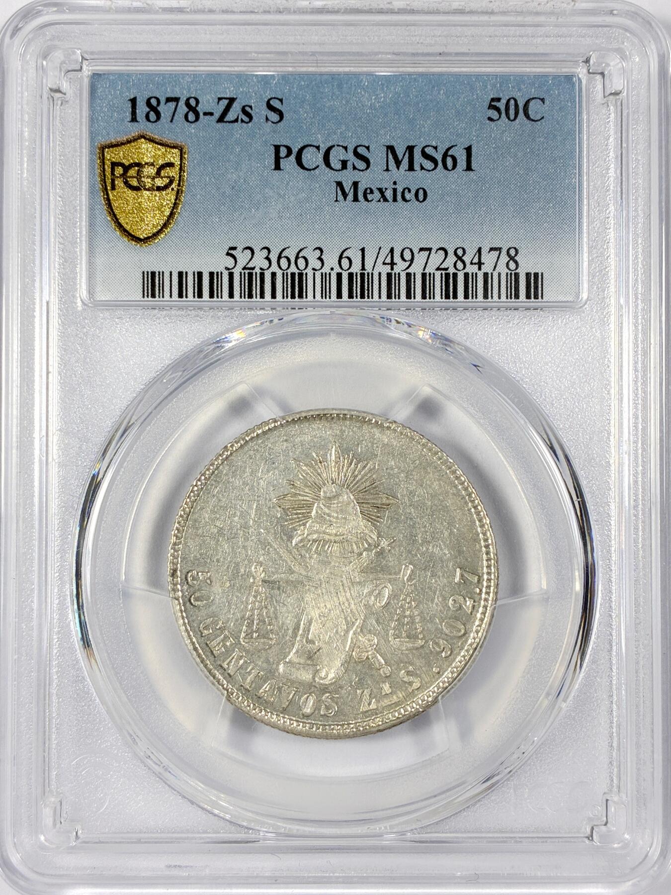 【雨安】【世界币章114期】2025-11-15 周六 19:30 保真 8秒倒数自动落锤 高效拍卖 [评级美洲] Mexico 墨西哥 50分 (1869-1895) 天平鹰洋 1878年 PCGS-MS61