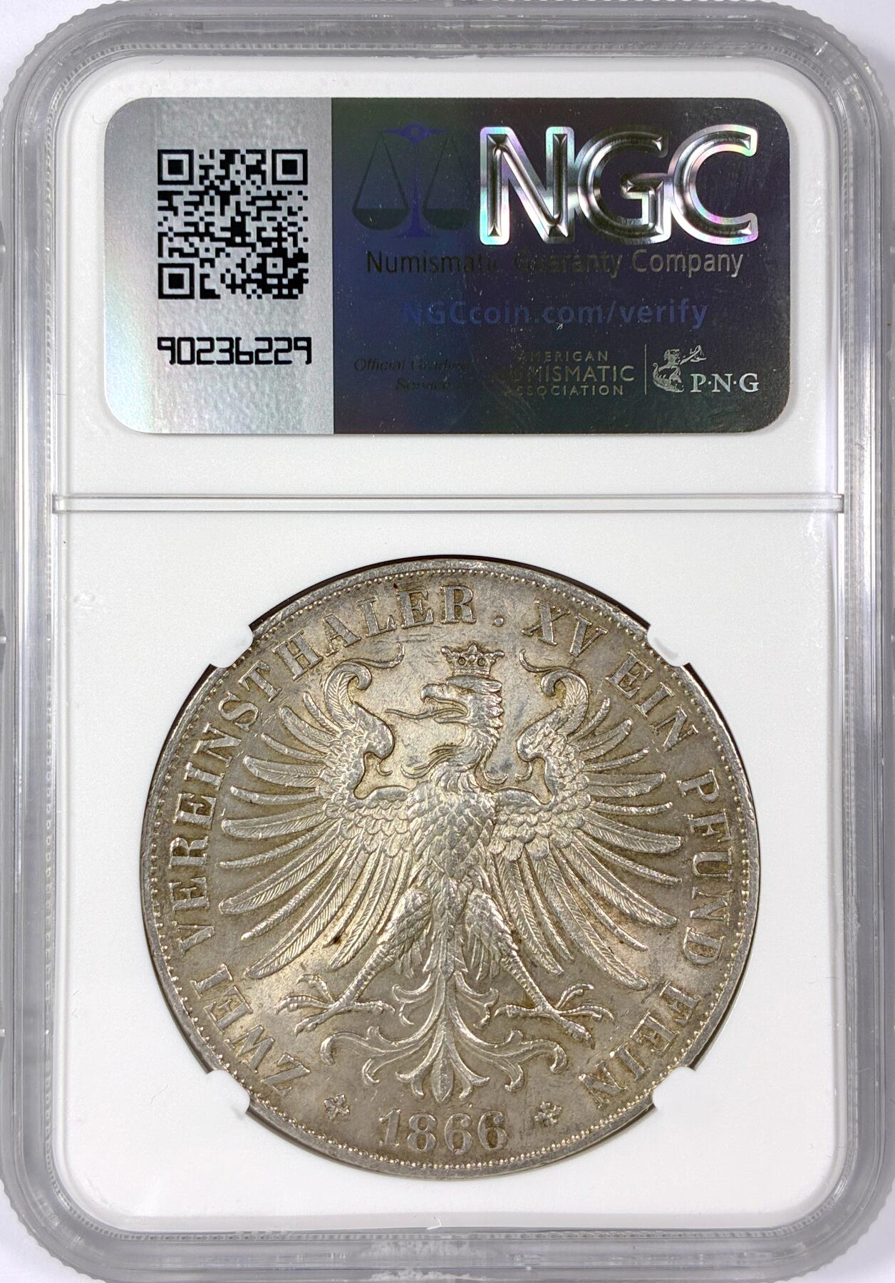 【雨安】【世界币章114期】2025-11-15 周六 19:30 保真 8秒倒数自动落锤 高效拍卖 [评级德国] Germany 德国 德意志 2泰勒 Frankfurt法兰克福 Thun.145 KM#0365 (1860-1866) 法兰克福少女 1866年 NGC-UNC