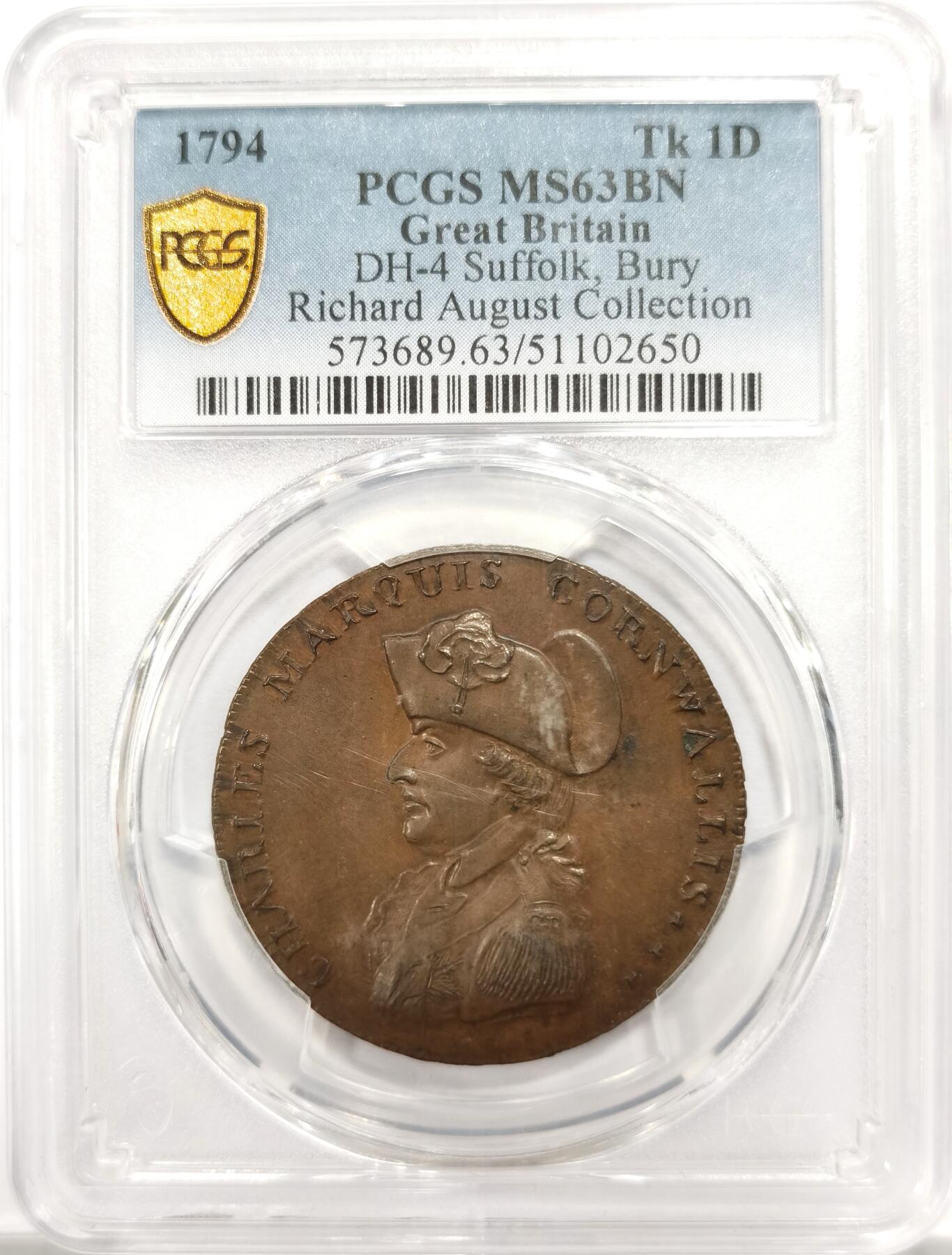博洋堂世界钱币拍卖第146期（全场包邮） PCGS MS63BN 英国1794年萨福克郡1便士代用币TOKEN，名家旧藏