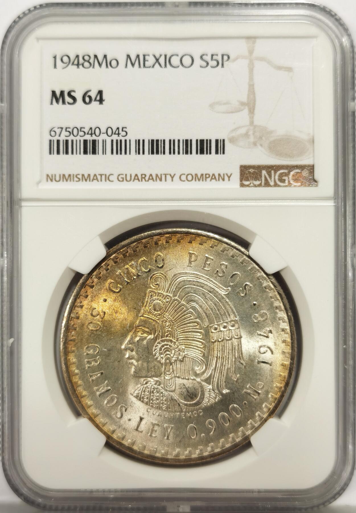 博洋堂世界钱币拍卖第146期（全场包邮） NGC MS64 墨西哥1948年玛雅酋长5比索鹰洋银币，原汁原味五彩老包浆，包浆醇厚，状态极佳。