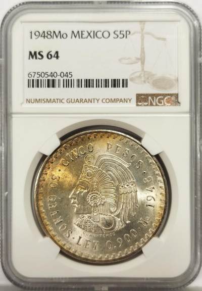 博洋堂世界钱币拍卖第146期（全场包邮） - NGC MS64 墨西哥1948年玛雅酋长5比索鹰洋银币，原汁原味五彩老包浆，包浆醇厚，状态极佳。