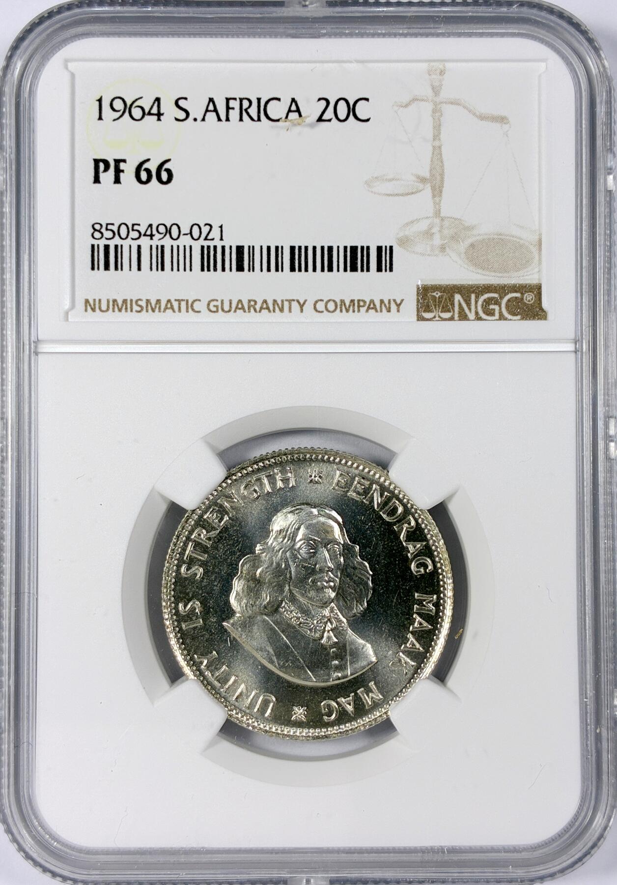 【雨安】【世界币章114期】2025-11-15 周六 19:30 保真 8秒倒数自动落锤 高效拍卖 [评级非洲] South Africa 南非 20分 1964年 精制 NGC-PF66