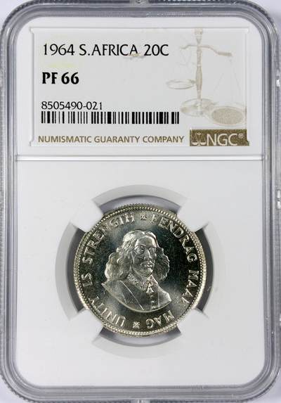【雨安】【世界币章114期】2025-11-15 周六 19:30 保真 8秒倒数自动落锤 高效拍卖 - [评级非洲] South Africa 南非 20分 1964年 精制 NGC-PF66