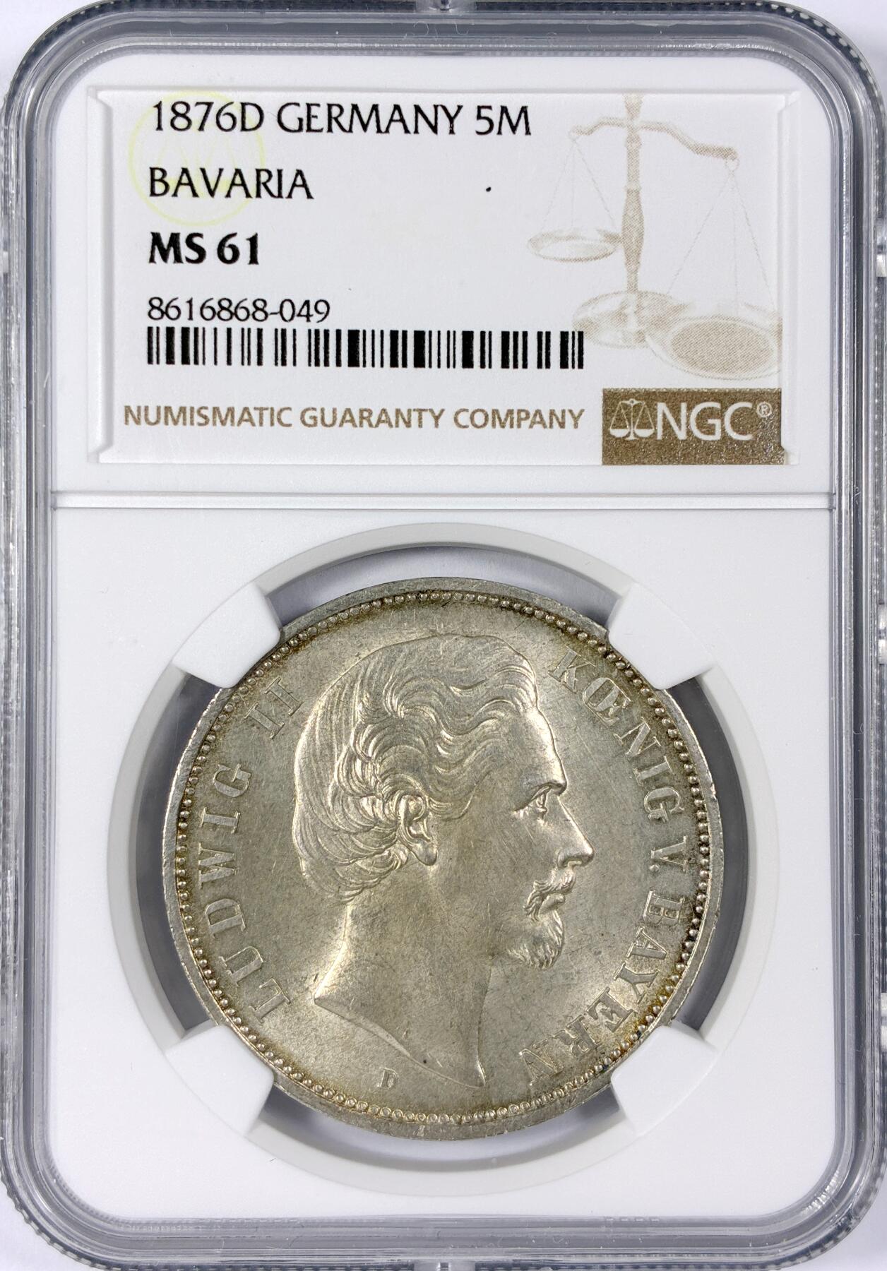 【雨安】【世界币章114期】2025-11-15 周六 19:30 保真 8秒倒数自动落锤 高效拍卖 [评级德国] Germany 德国 帝国 J.042 巴伐利亚 5马克 路德维希二世 1876年 NGC-MS61 光度极佳 严评