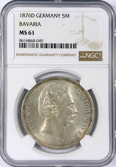 【雨安】【世界币章114期】2025-11-15 周六 19:30 保真 8秒倒数自动落锤 高效拍卖 - [评级德国] Germany 德国 帝国 J.042 巴伐利亚 5马克 路德维希二世 1876年 NGC-MS61 光度极佳 严评