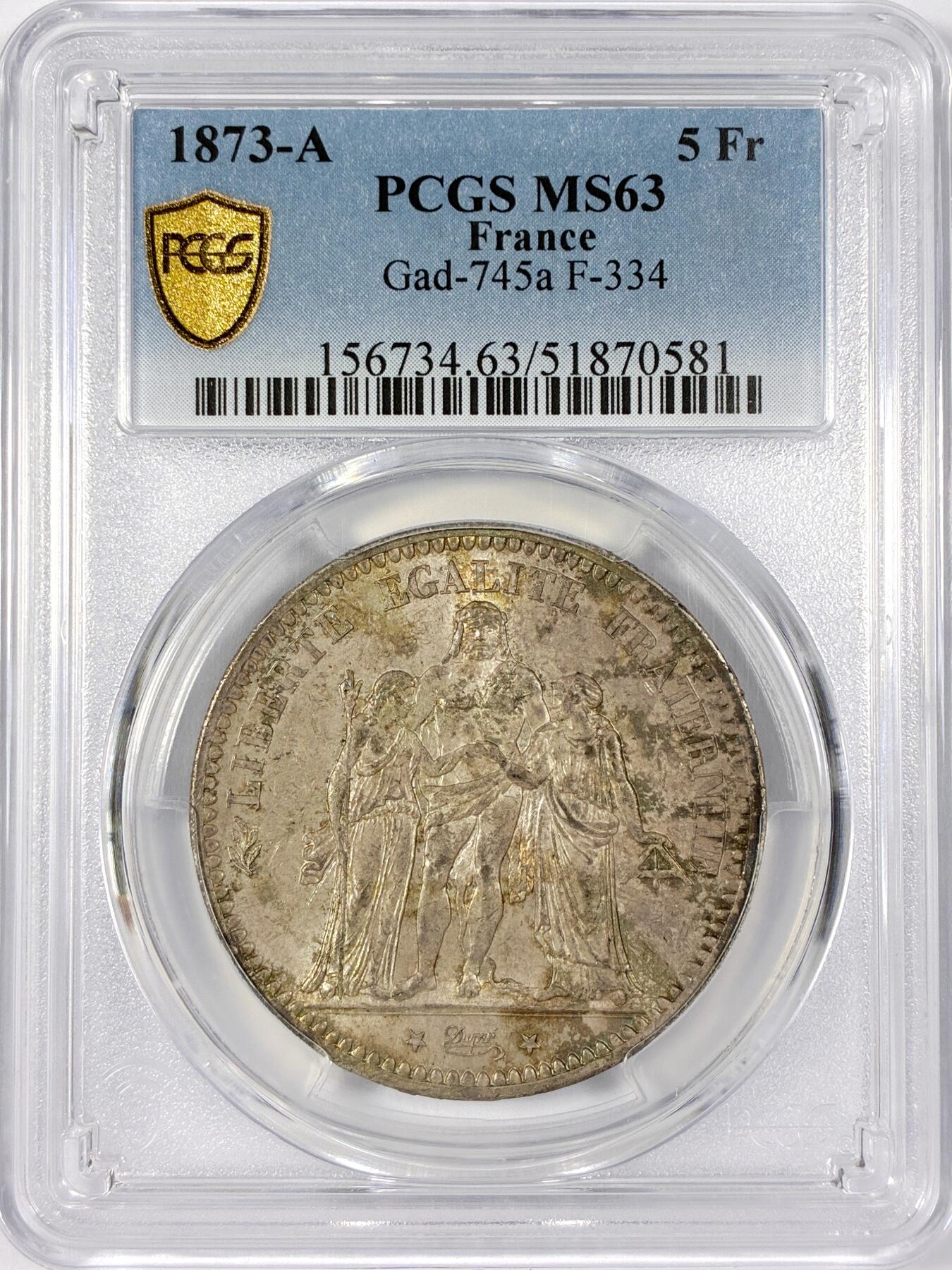 【雨安】【世界币章114期】2025-11-15 周六 19:30 保真 8秒倒数自动落锤 高效拍卖 [评级法国] France 法国 5法郎 KM#0820 (1870-1889) 大力神 1873年 PCGS-MS63