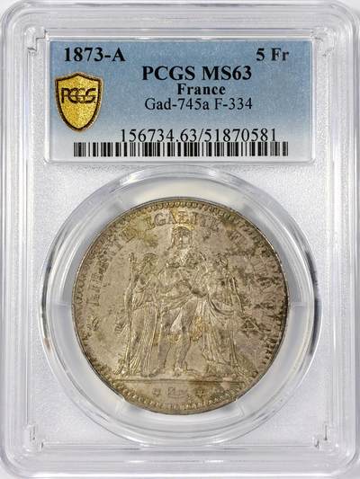 【雨安】【世界币章114期】2025-11-15 周六 19:30 保真 8秒倒数自动落锤 高效拍卖 - [评级法国] France 法国 5法郎 KM#0820 (1870-1889) 大力神 1873年 PCGS-MS63