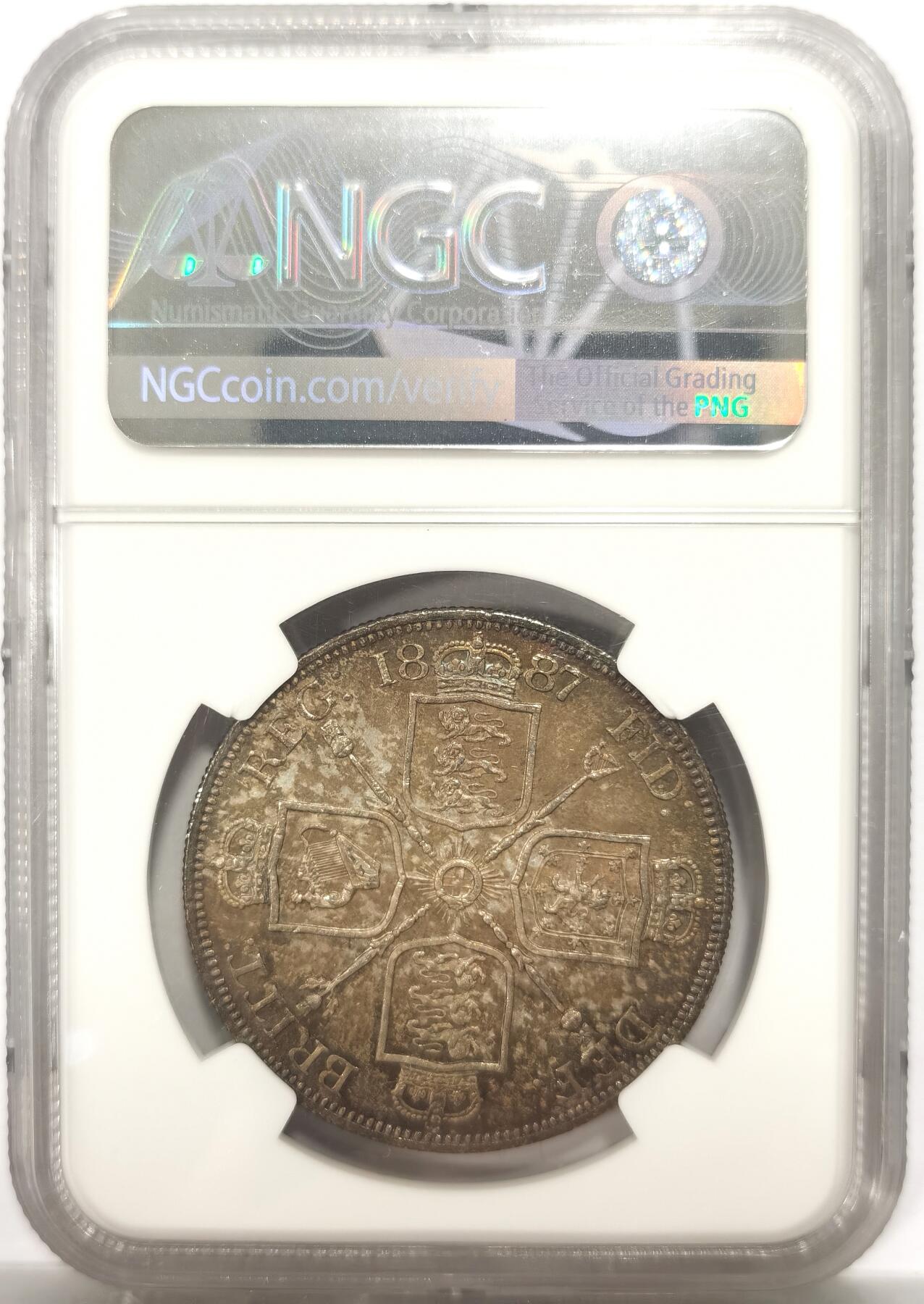 博洋堂世界钱币拍卖第146期（全场包邮） NGC MS62 英国1887年维多利亚双弗罗林银币，古罗马数字1版本，深五彩包浆。