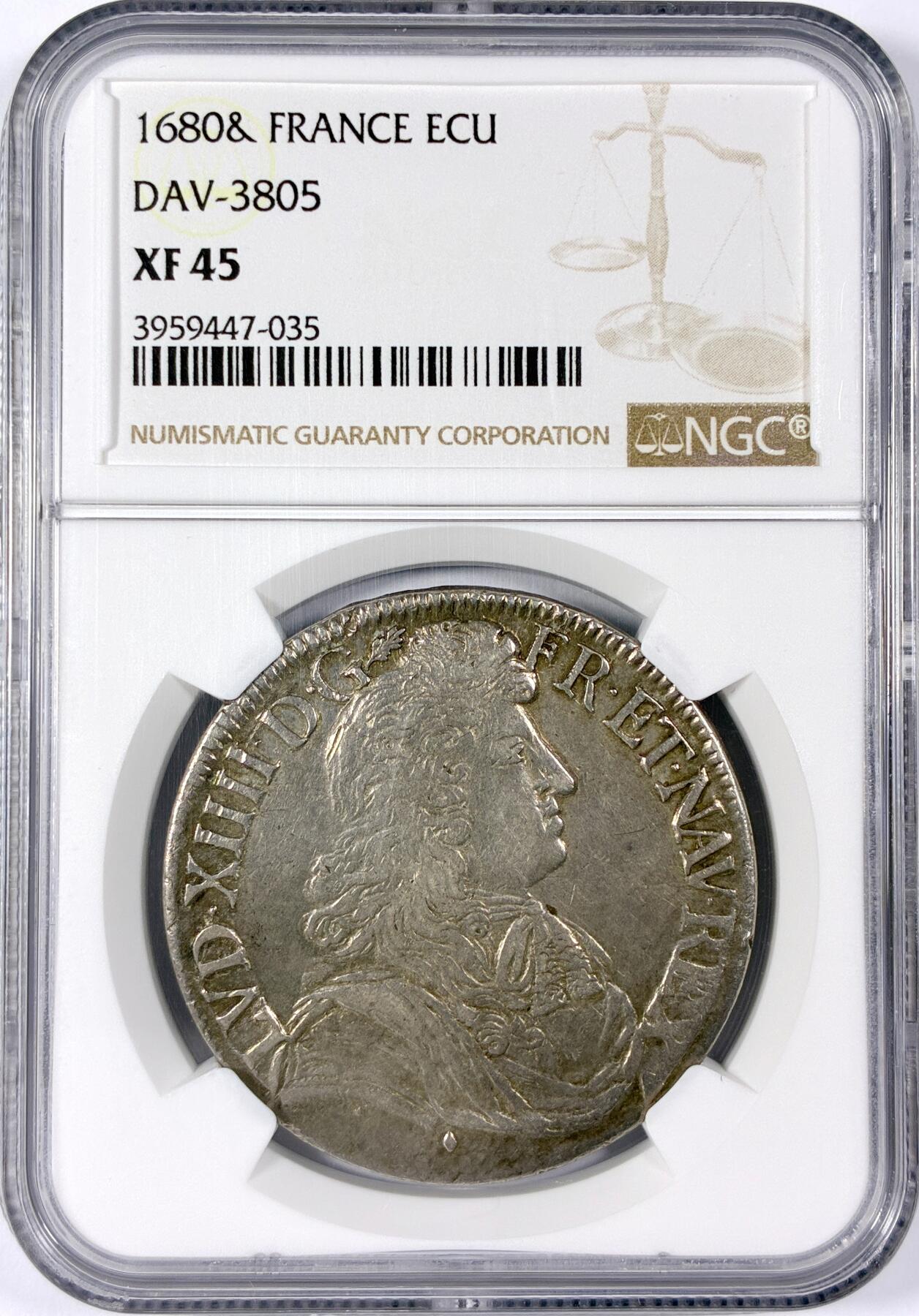 【雨安】【世界币章114期】2025-11-15 周六 19:30 保真 8秒倒数自动落锤 高效拍卖 [评级法国] France 法国 1埃居 1680年 路易十四 NGC-XF45 稀少头像版别