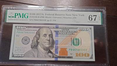 世界钱币～微拍第214期暨2025年第54期  双11评级币特惠拍 - 2017A美国100元 PMG67E 全程无4号码66788333 豹子号
