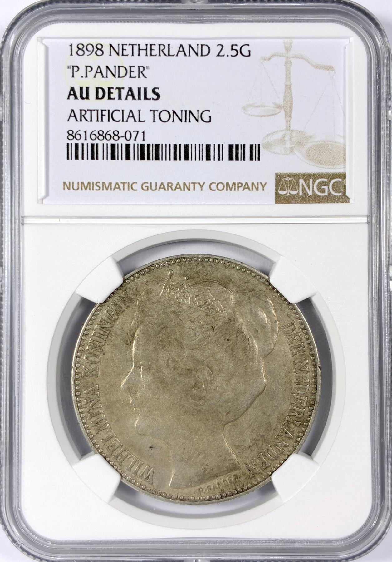 【雨安】【世界币章114期】2025-11-15 周六 19:30 保真 8秒倒数自动落锤 高效拍卖 [评级欧洲] Netherlands 荷兰 王国 威廉明娜 2.5盾 1898年 NGC-AU 独年版 经典品种