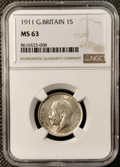 甄臻铺-世界币章拍卖（第39期）送拍享返佣金等优惠多多 - NGC-MS63 1911年英国乔治五世1先令银币  状态非常好