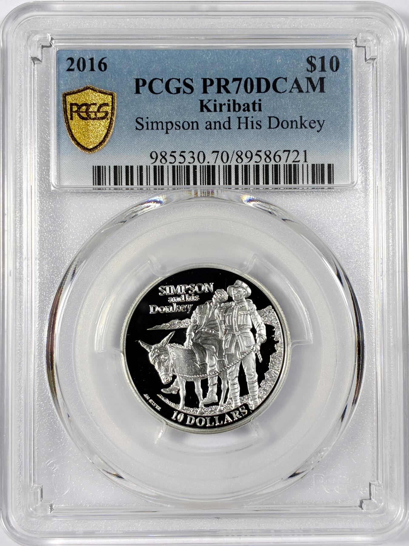 【雨安】【世界币章114期】2025-11-15 周六 19:30 保真 8秒倒数自动落锤 高效拍卖 [评级现代] Kiribati 基里巴斯 10元 2016年 辛普森和他的驴 PCGS-PR70DCAM