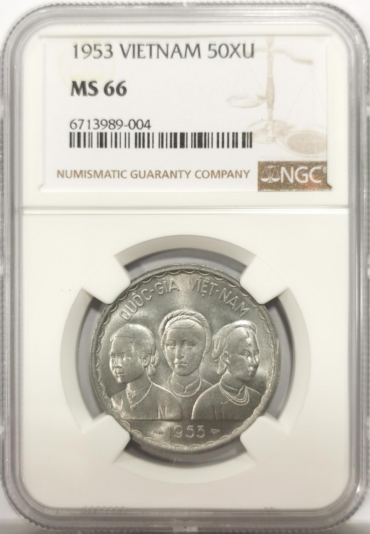 博洋堂世界钱币拍卖第146期（全场包邮） NGC MS66 越南1953年三女神50XU 背面双龙图 粉光 铝币保存不易 高分难得