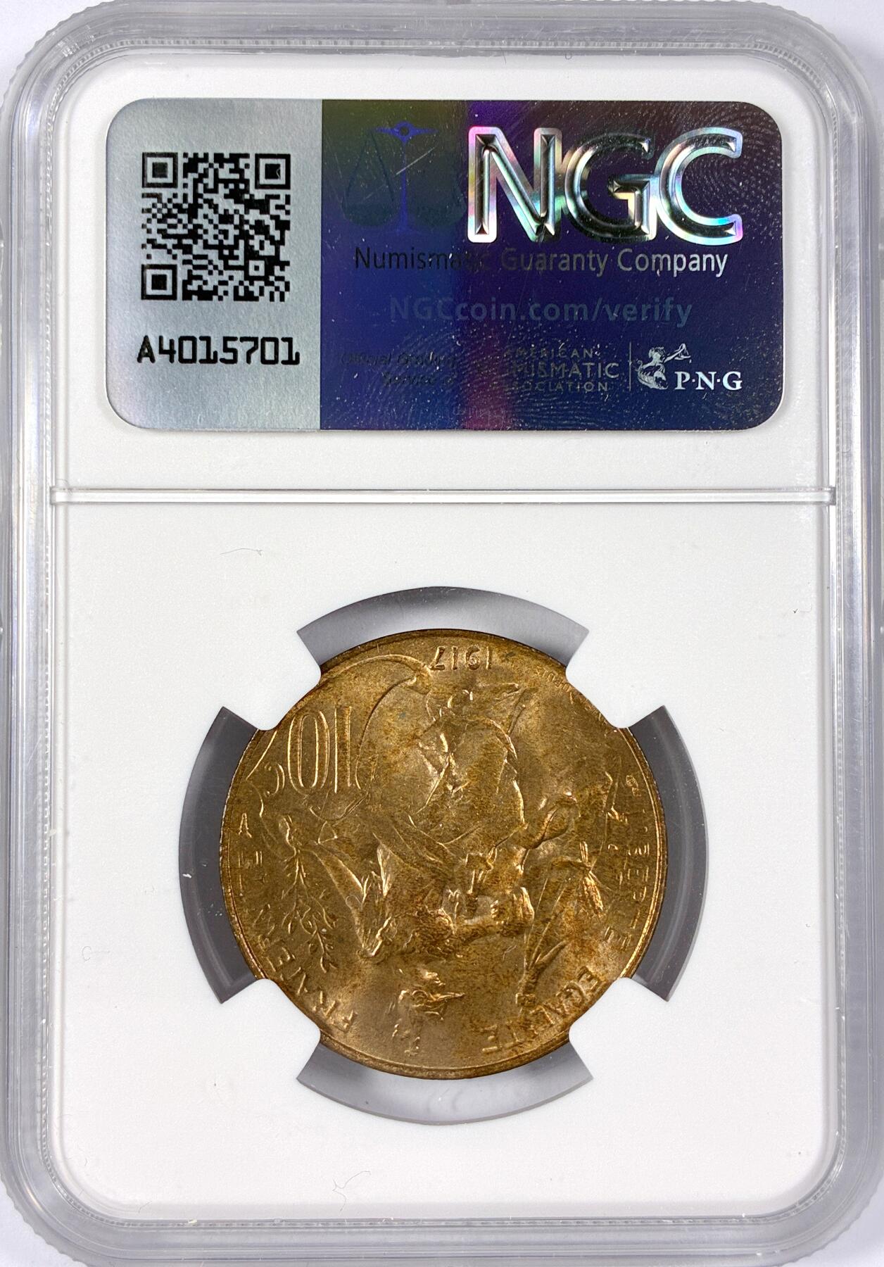 【雨安】【世界币章114期】2025-11-15 周六 19:30 保真 8秒倒数自动落锤 高效拍卖 [评级法国] France 法国 10分 1917年 NGC-MS63